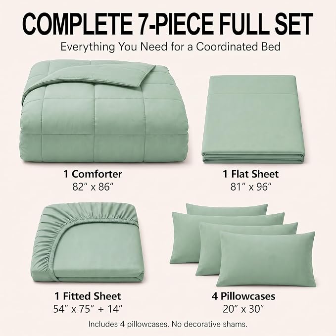 Full Size Comforter Sets Sage Green - 7 Pieces Bed in a Bag | OEKO-TEX Certified, All-Season, Bedroom, Guest Room, Down-Alternative Comforter + Flat & Fitted Sheets + 4 Pillowcases
