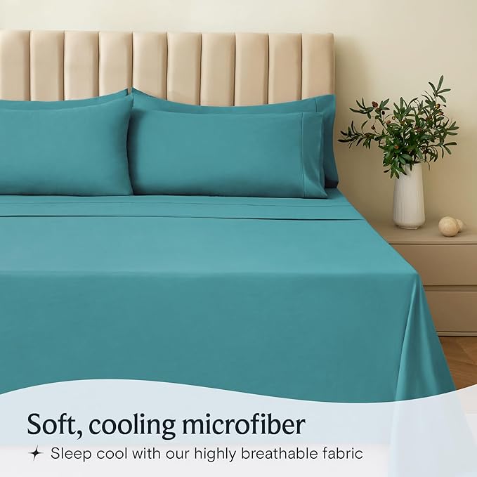 LuxClub 4 PC Queen Sheet Set, Breathable Luxury Bed Sheets, Deep Pockets 18" Wrinkle Free Cooling Sheets Machine Washable Hotel Bedding Silky Soft - Teal Queen | LuxClub Silky Fitted Sheet & Pillowcase Sets, Breathable Hotel Luxury Bedding for Mattress...