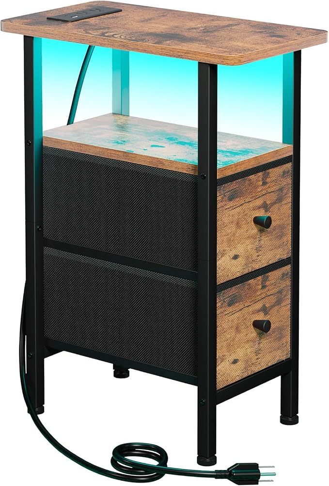 LOAKEKEL Narrow End Table with Charging Station, Small Nightstand | Skinny Side Tables Living Room with 2 Fabric Drawers, Bedside Table with LED Lights for Bedroom, Small Spaces, Rustic Brown