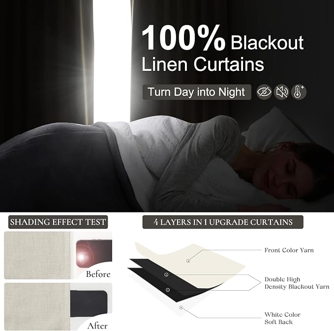 Cute Blackout Curtains 60 Inches Extra Wide Linen 108 Inch Length for Living Room/Sliding Glass Door,Pleated Heavy Duty Thermal Drapes for Winter Thick Large Window(60"Wx108"L 2 Panels Warm Cream)