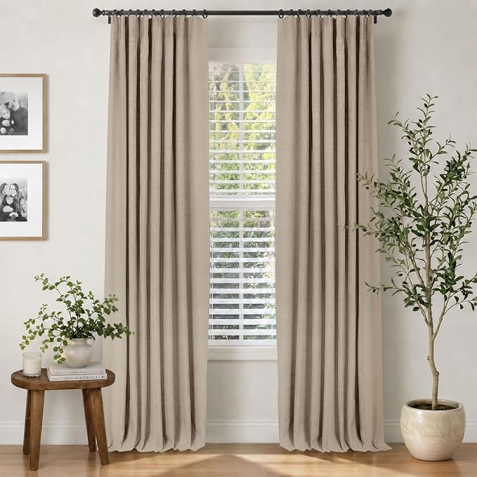 INOVADAY 100% Blackout Curtains for Bedroom Black Out Curtain 102 Inch Long | Burlywood Birch Living Room Curtains 2 Panels, Clip Rings Linen Blackout Drapes, Thermal Insulated Room Darkening,W50xL102