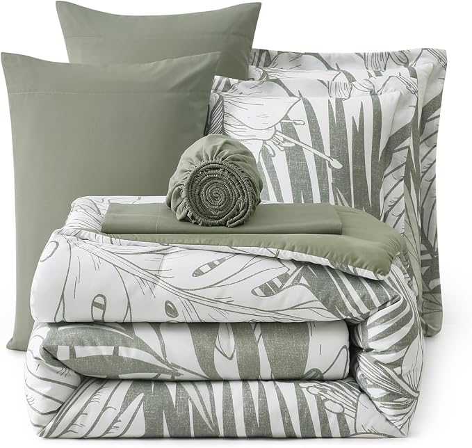 King Size Comforter Set-7 Pieces Green Jungle Bed in a Bag King Bedding Set | All Season Botanical Tropical Palm Leaf Comforter Set with Sheets, Pillowcases & Shams