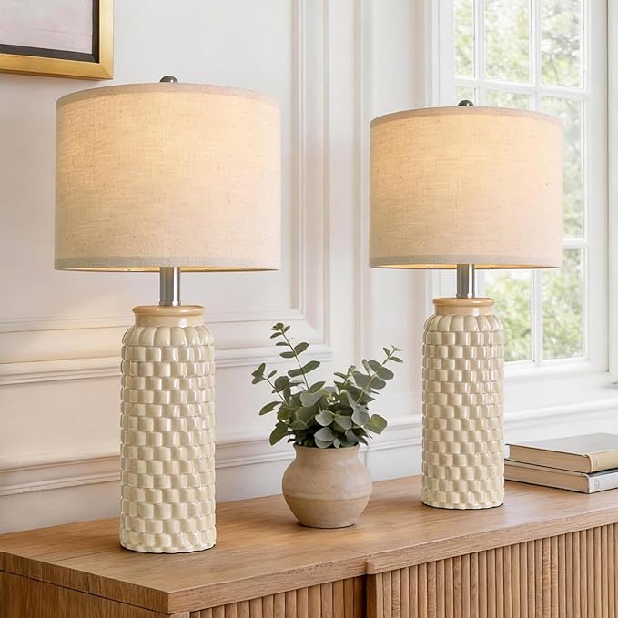 USumkky 24" Modern Ceramic Bedside Lamp Set of 2 for Bedroom Decor Farmhouse Table Lamp for Living Room Office Dorm Cream