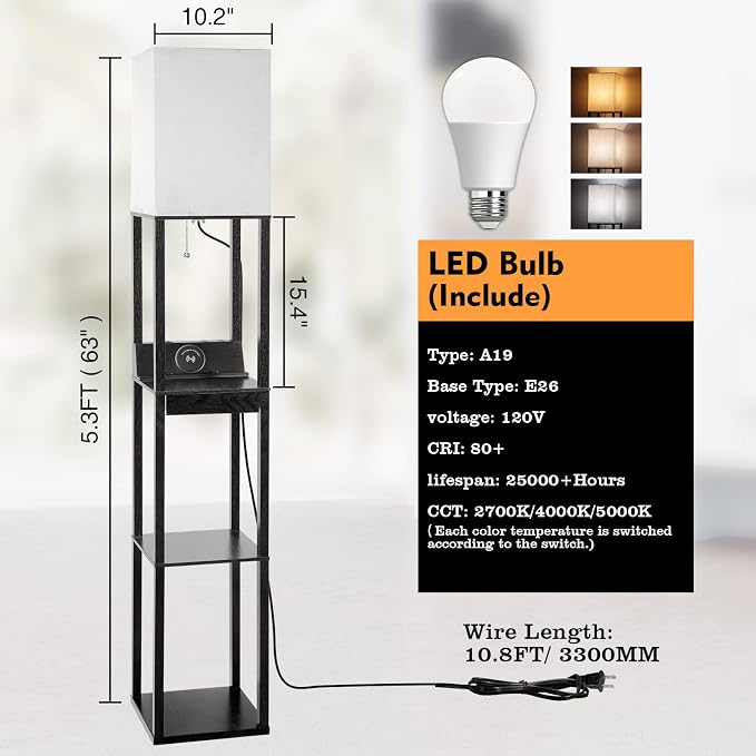 Floor Lamp with Shelves, RUNTOP LED Shelf Floor Lamp with Wireless Charger & 2 Charging USB Ports & Drawer, AC Outlet, 3 Color Temperature Tall Standing Lamp with Bulb for Living Room, Bedroom, Office