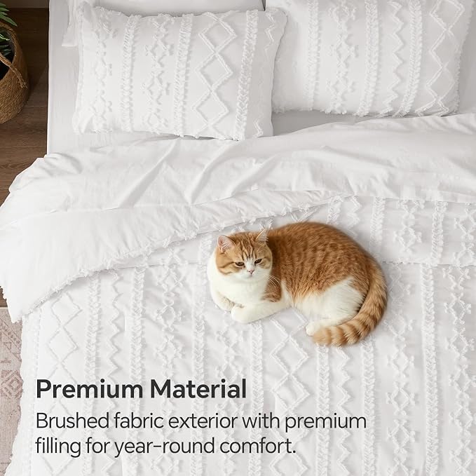 BEDELITE Full Comforter Set 7 Pieces,Boho Bed in a Bag,White | Tufted Bed Set for All Seasons,Soft Farmhouse-Style Embroidery Bedding,Includes Flat & Fitted Sheets,2 Pillowcases & 2 Shams