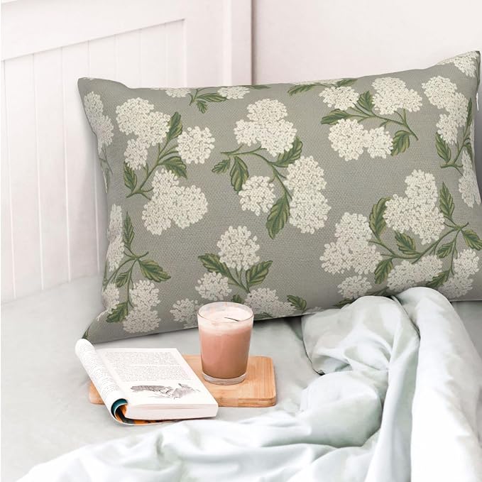 Grey Spring Pillow Covers 12x20 Inch 2 Pcs Gray Green Hydrangea Flower Decor Throw Pillows Vintage Floral Seasonal Summer Outdoor Decoration Pillowcase Linen Cushion Cover for Couch Sofa