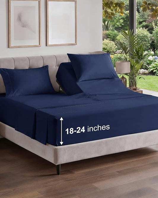 Flex Top Split Head King Sheet Set - 4 Piece Extra Deep Sheets - Navy Blue | Easily Fits 18 to 24 inch Mattress, Ultra Soft, Wrinkle & Fade Free with Extra Deep Pockets, Comfy Hotel Luxury Bedding