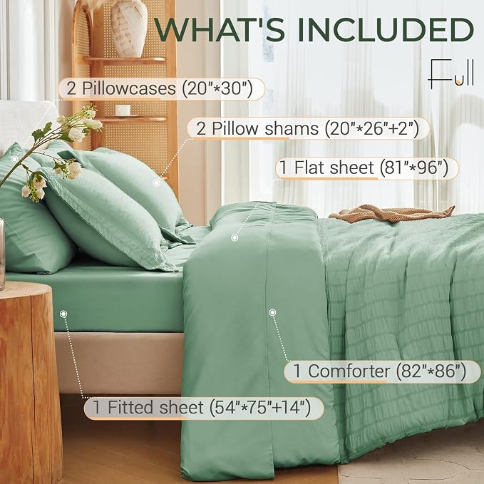 7 Pieces Full Comforter Set, Seersucker Bed in a Bag Full Size, All Season Luxury Bedding Set with Comforter, Flat Sheet, Fitted Sheet, Pillowcases & Shams, Sage Green