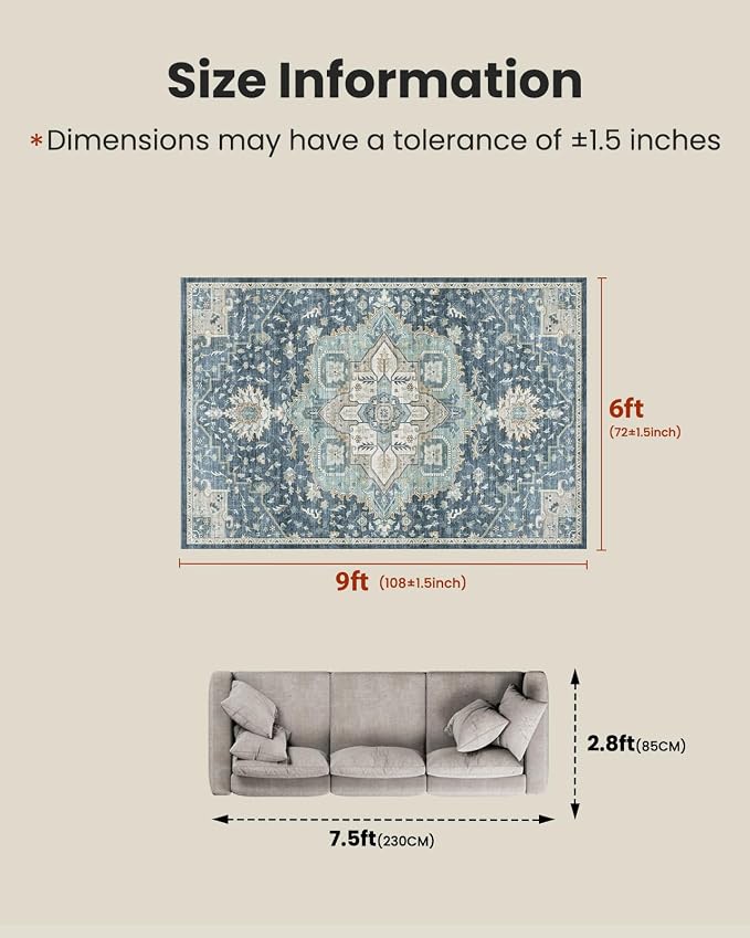 AMADA HOMEFURNISHING Washable Area Rugs, Low-Profile Washable Rug with Non-Slip Backing & Durable Edge Binding, Vintage Rugs for Living Room, Bedroom, Dinning Room (6x9, Blue/Yellow)