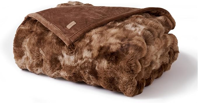 EverGrace Faux Rabbit Fur Bubble Throw Blanket, 50"x60", Lion Caramel | Ultra Soft, Luxury Faux Rabbit Fur Throw, Thick Warm Bubble Blanket, Cozy Fluffy Reversible, for Bed, Couch, Chair, Sofa