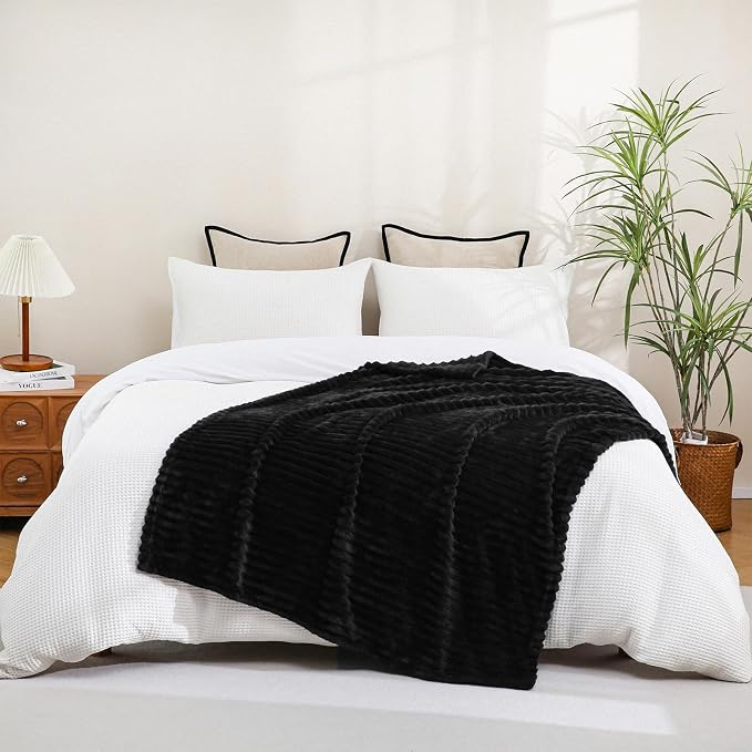 Black Fleece Throw Blanket 90”×90” for Couch Sofa Livingroom | Super Soft Cozy Plush Microfiber Flannel Bed Blanket Striped Design Lightweight Home Decor Gifts for Adults Mom Women