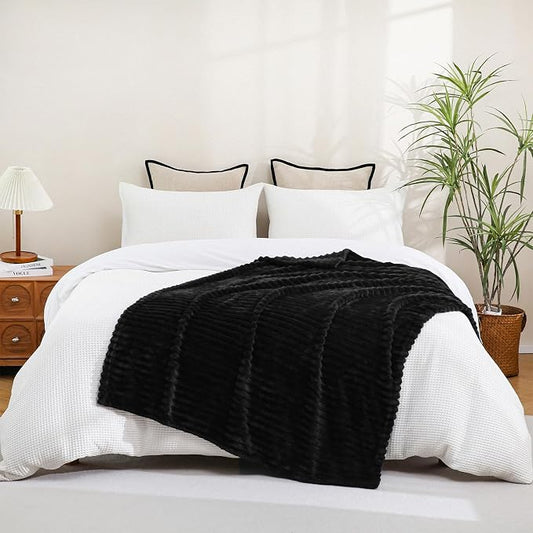Black Fleece Throw Blanket 90”×90” for Couch Sofa Livingroom | Super Soft Cozy Plush Microfiber Flannel Bed Blanket Striped Design Lightweight Home Decor Gifts for Adults Mom Women