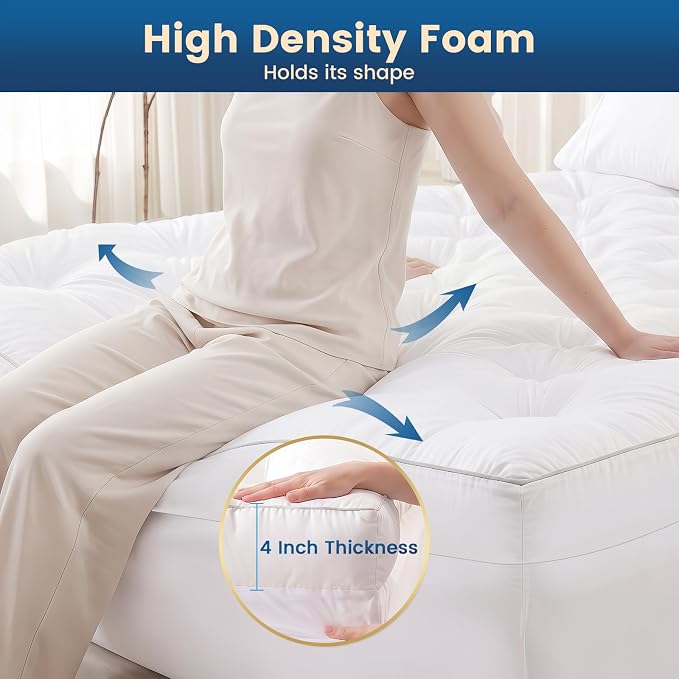4 Inch Memory Foam Mattress Topper Queen Size for Back Pain Relief | Quilted Pillow Top Fitted Mattress Pad with 360° All-Around Elasticized Pocket, 6-21" Deep Pocket