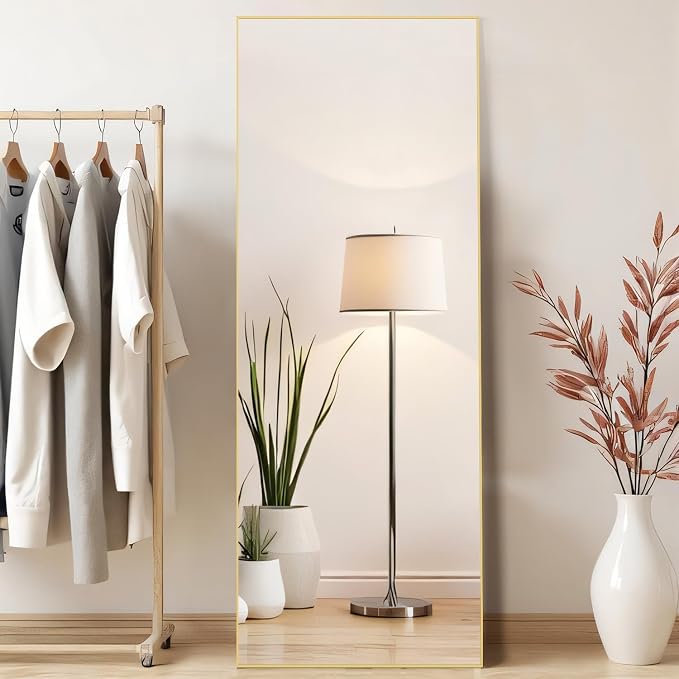21"x64" Mirror Full Length, Upgraded Body Wall Mirrors | Shatter-Proof Glass, Floor Standing, Hanging or Leaning, Tall Mirror with Stand Aluminum Alloy Frame for Bedroom, Gold