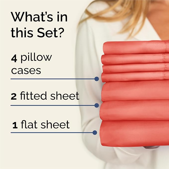 Split King 7 Piece Bed Sheet Set - Comfy, Breathable & Cooling - Coral | Ultra-Soft Hotel Luxury Bedding Set w/ 8-16 Inch Deep Pockets, 1 Flat & 2 Fitted Sheet & 4 Pillowcases, Wrinkle & Fade Free