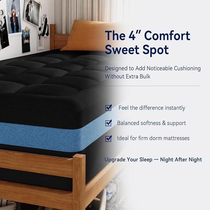 ELEMUSE Twin XL College Dorm Essentials 3 Inch Memory Foam Mattress Topper | Dual Layer Design, 2 Inch Cooling Gel Foam and 1 Inch Soft Pillow Top Bed Pad, Back to School, Comfortable Support