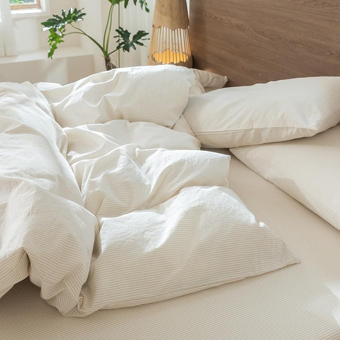 MooMee Striped Duvet Cover Set 100% Washed Cotton Linen Like Full | Relaxed Linen-like Texture. Soft, Breathable & Long-lasting Comfort. Lightweight. Hidden Zipper with 8 Interior Corner Ties