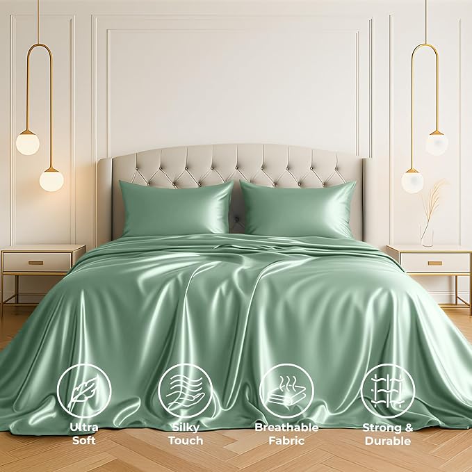 Satin Sheets Full [4-Piece, Champagne Green] Hotel Luxury Silky Bed Sheets - Extra Soft 1800 Microfiber Sheet Set, Wrinkle, Fade, Stain Resistant - Deep Pocket Fitted Sheet, Flat Sheet, Pillow Cases