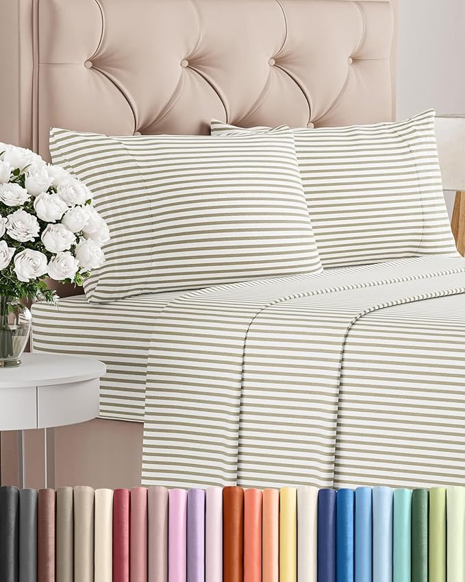 Full Size 4 Piece Sheet Set - Breathable & Cooling Sheets - Beige Stripes | Hotel Luxury Bed Sheets for Women & Men, Deep Pockets, Easy-Fit, Extra Soft and Wrinkle Free Sheets, Oeko-Tex Bed Sheet Set