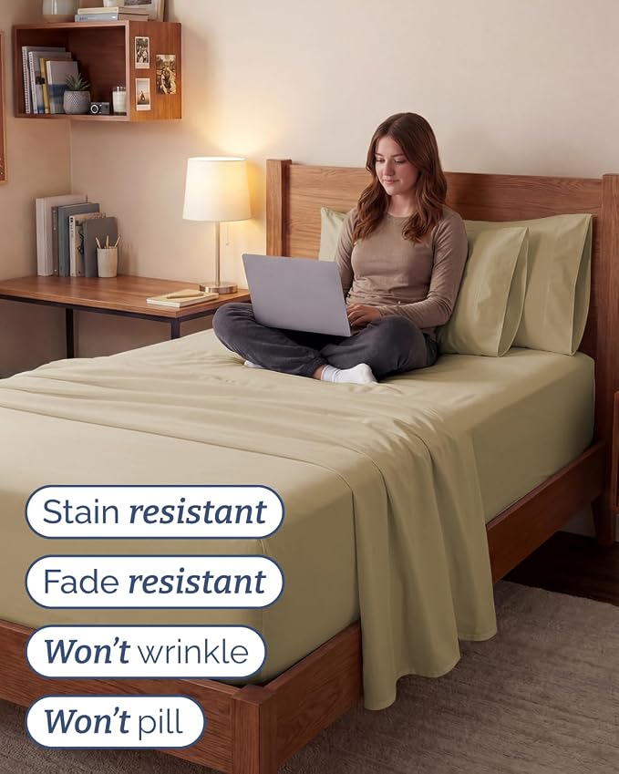 Extra Deep Twin XL Sheet Set - 4 Piece College Dorm Room - Beige | College Dorm Room Essentials, Easy & Secure Fit, Ultra-Soft, Wrinkle & Fade Free, Comfy Sheets Set with Extra Deep Pockets