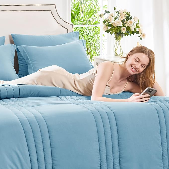 Queen Comforter Set Aqua Blue - 7 Pieces Bed in a Bag | OEKO-TEX Certified, 240GSM Down-Alternative Comforter, 14" Deep-Pocket Sheets, Shams & Pillowcases, Lightweight
