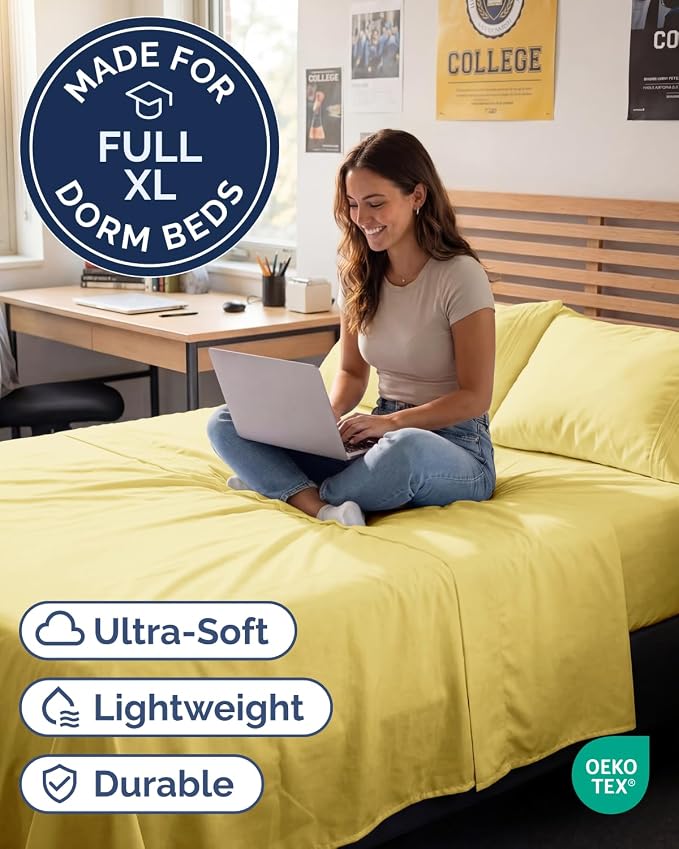 Full XL Sheets - 4 Piece Full XL Sheet Set - Breathable & Cooling - Yellow | Hotel Luxury Bedding for Women & Men with Deep Pockets, Ultra-Soft, Comfy, Easy-Fit, Wrinkle Free & Fade Resistant, Oeko-Tex
