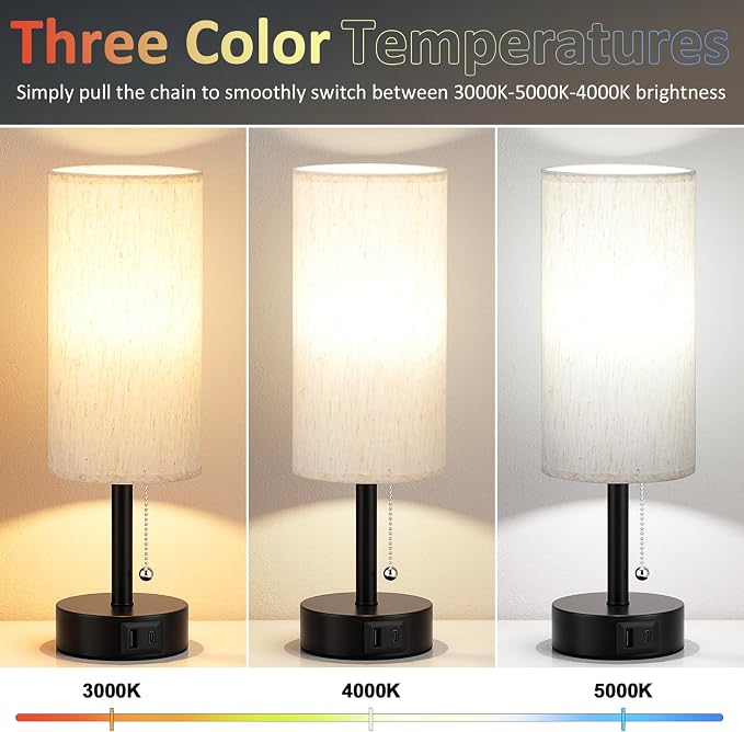 Cream Bedside Table Lamps Set of 2 - Bedroom Lamp for Desk, USB C+A | 3CCT(3000K/4000K/5000K), LED Bulbs Included, Cream Fabric Lampshade, 14in Small Lamp for Nightstand, Guest Room, Living Room