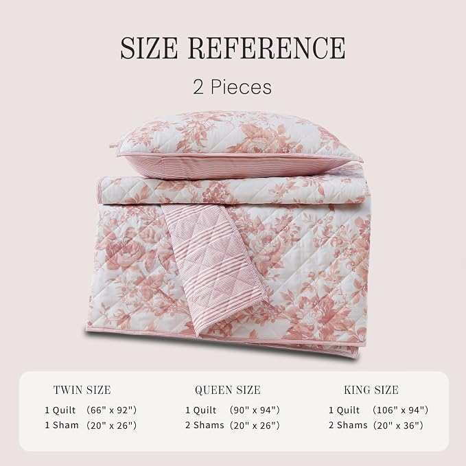 Twin/Twin XL Quilt Set-2 Pieces Soft Bedding Floral Reversible Coverlet | All Seasons Lightweight Quilts Queen Size for Bed, Breathable Vintage Bedspread with Sham, Dusty Rose Pink
