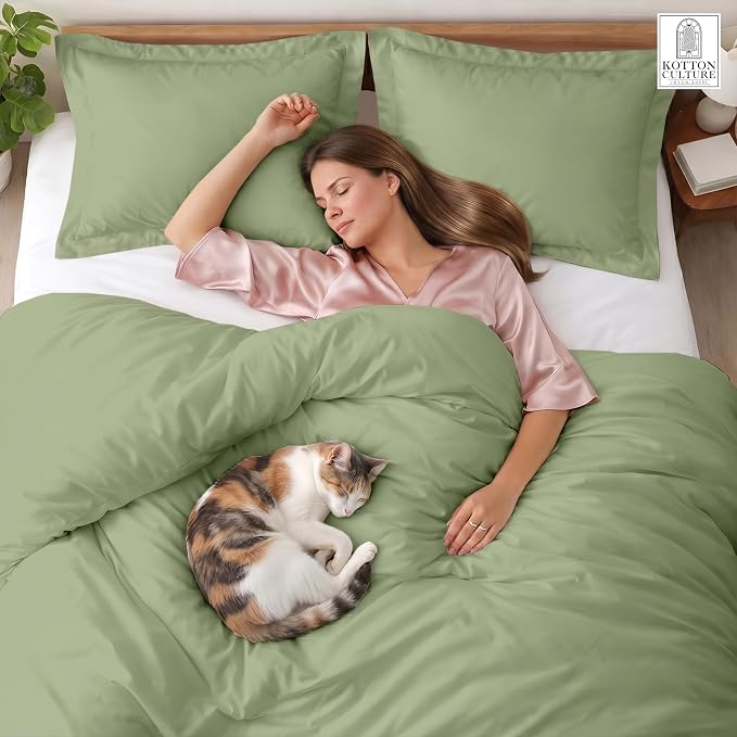 Kotton Culture 3 Pc Duvet Cover King Size Set-100% Egyptian Cotton 600 Thread Count Ultra Soft Premium Durable Comforter Cover Zipper Closure & Corner Ties - (Moss Green, 104" X 94")