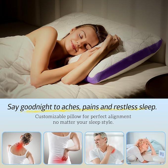 BETU Cooling King Size Pillows Set of 2, Shredded Memory Foam Cool Pillows for Hot Sleepers, Adjustable Firm Soft Support Bed Pillow Perfect for Back Neck Pain and Side Sleeping with Cover, Purple
