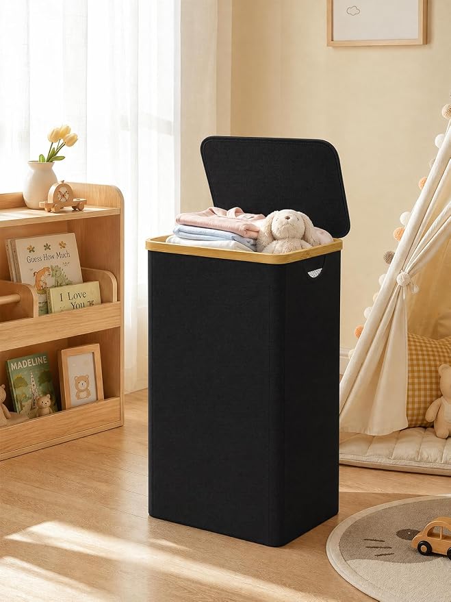 IEGrow Laundry Hamper with Lid,110L Laundry Basket with 2 Mesh Bags,Black | Dirty Clothes Hamper Basket with Bamboo Handle for Clothes Towels