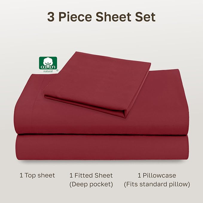 Soft Natural 100% Cotton Sateen Twin Sheets Set, 3 Pc Set, Brick Red | Backed by Good Housekeeping Seal, Light & Breathable For Hot Sleepers, All-Around Elastic, Durable, Easy Care