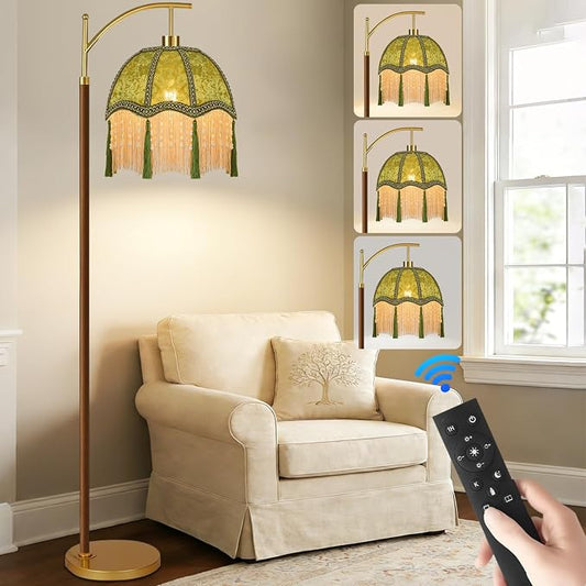Wood Floor Lamps for Living Room Arc Boho Floor Lamp with Remote Control &3 Color Temperature,Vintage Green Floor Lamp Flower Mid Century Modern Standing Lamp Fringe Tall Floor Lamp for Bedroom Corner