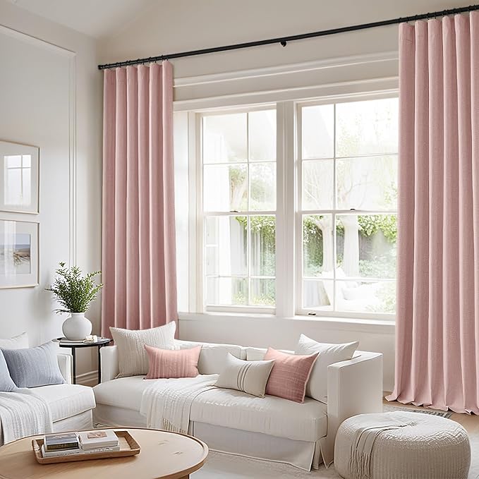 MIULEE 100% Blackout Back Tab Pleat Linen Curtains 50" Wx90 L,Light Pink | 2 Panels,Thick Faux Linen,Textured Drapes,with Hooks,for Bedroom Living Room,Black Out,Room Darkening
