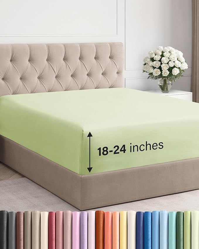 Extra Deep Queen Fitted Sheet - Single Fitted Sheet Only - Light Sage Green | Easily Fits 18 inch to 24 inch Mattress, Soft, Wrinkle Free, Breathable & Comfy, Extra Deep Pockets Hotel Luxury Fitted Sheet
