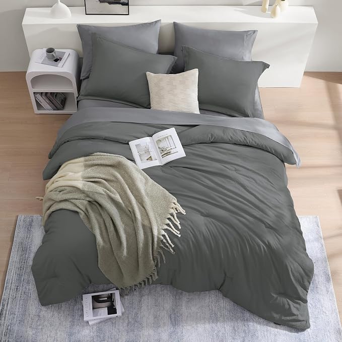 Twin XL Comforter Set- 5 Pieces Prewashed Bed in a Bag Twin Bedding Sets | Soft All Season Comforter with Sheets, Pillow Sham & Pillowcase, Grey