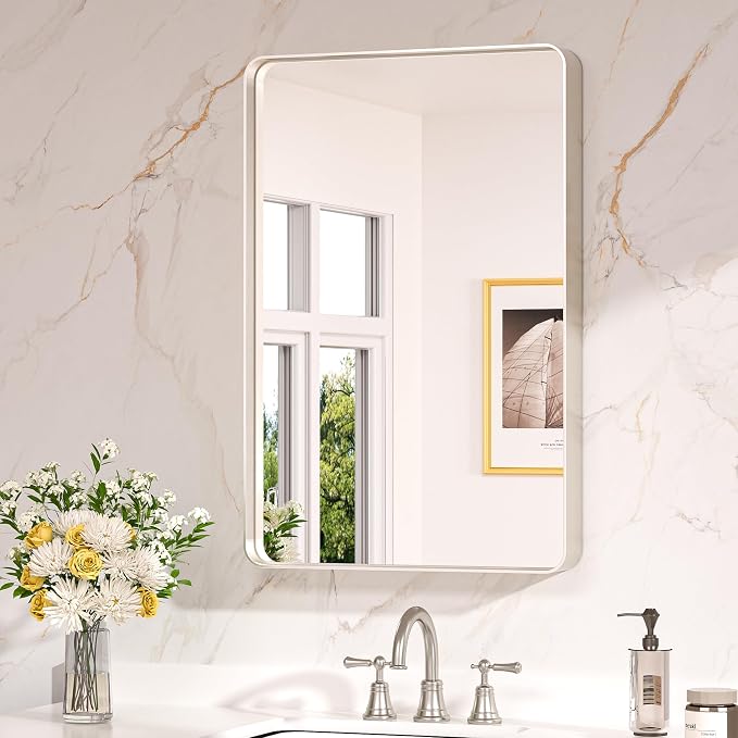 Keonjinn 20 x 30 Inch Brushed Nickel Bathroom Mirrors for Over Sink | HD Tempered Glass, Silver Vanity Mirror, Rust-Resistant Aluminum Frame, Rounded Rectangle, French Cleat Mount, Home Décor