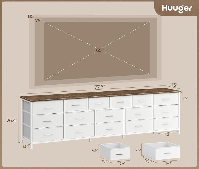 Huuger 77.6" Long Dresser for Bedroom, 16 Drawer Fabric Dresser for Closet, Wide Chest of Drawers with Storage, TV Stand for 65, 75, 85 Inch TV, 77.6" W x 13" D x 26.4" H, Farmhouse White