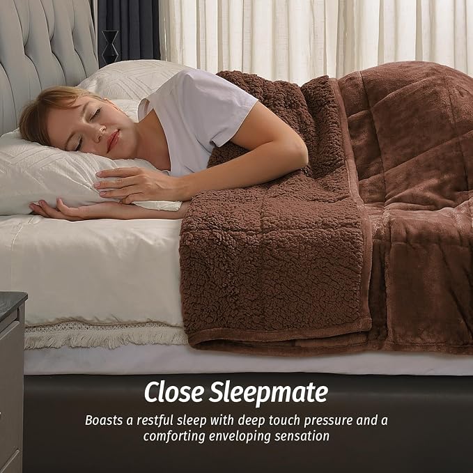 Sherpa Fleece Weighted Blanket for Adult 15 lbs Queen 60"x80" Brown | Boost Sleep Quality, Relax Body & Mind, Dual Sided Cozy Fluffy Heavy Blanket, Plush Flannel Top, Chunky Fluffy, Warm Hug