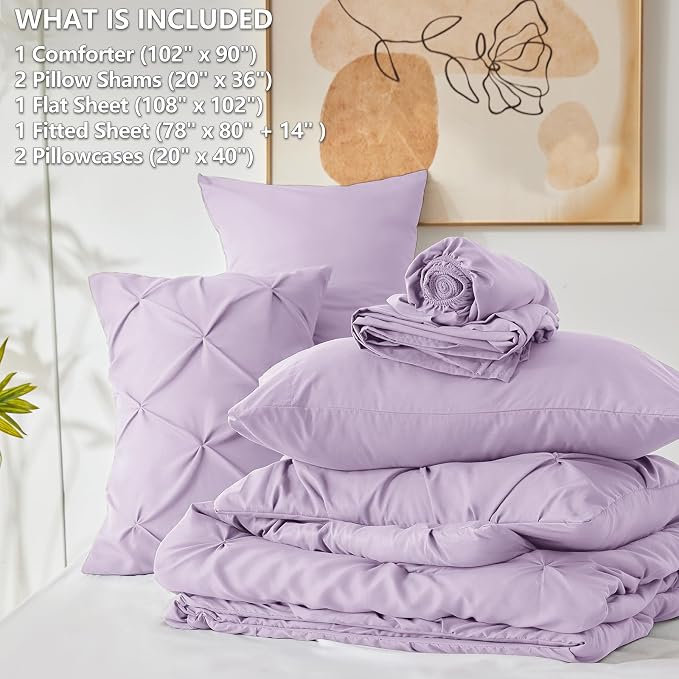 HIMEET King Size Comforter Set Lavender - 7 Pieces Pintuck Bed in a Bag | OEKO-TEX Certified, 240GSM Down Alternative Comforter, 14" Deep Pocket Fitted Sheet + Flat Sheet + 2 Pillowcases + 2 Shams