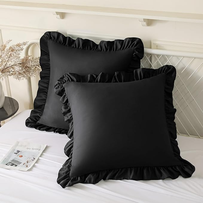 KKJIAF 2 Pack Ruffle Pillow Cases 18x18 Inches, Black | Square Ruffled Pillow Covers, Microfiber Wrinkle Resistant Pillow Shams with Envelope Closure for Sofa Bed Living Room
