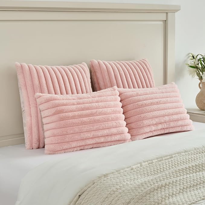 FUTEI Pack of 2 Faux Fur Throw Pillow Covers 18x18 Inch, Pink | Fluffy Faux Rabbit Fur Front/Premium Velvet Back,Hidden Zipper,Machine Washable,Non-Shedding,Colorfast,Insert Not Included.