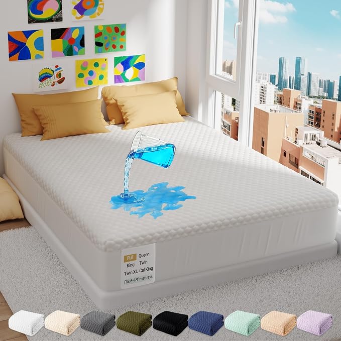 OhGeni 100% Waterproof Mattress Protector,Full Size Premium Bamboo Soft Thick Pad,3D-Air Fabric Cooling Breathable Fitted Sheets,Washable Bed Cover for Colchon Doble Noiseless Over 99 Count Hex Bumps