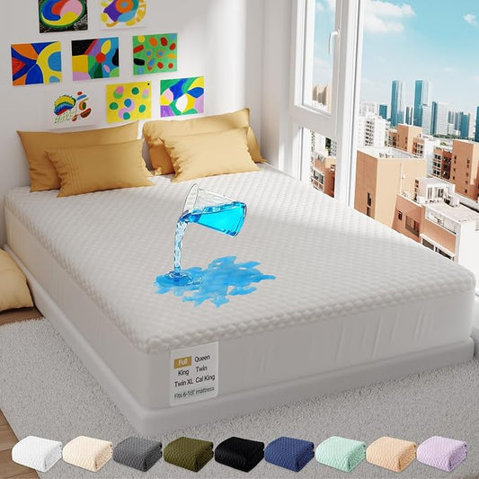 OhGeni 100% Waterproof Mattress Protector,Full Size Premium Bamboo Soft Thick Pad,3D-Air Fabric Cooling Breathable Fitted Sheets,Washable Bed Cover for Colchon Doble Noiseless Over 99 Count Hex Bumps