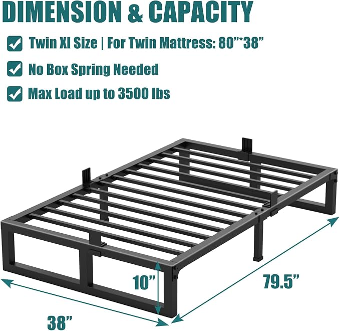 Yitong Angel 10 inch Twin XL Bed Frame Low Profile Metal Platform Frames with Mattress Slide Stopper,Heavy Steel Slats Support,No Box Spring Needed,Noise Free,Non-Slip,Easy Assembly