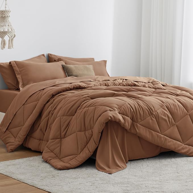 Love's cabin Oversized Queen Comforter Set, 7 Pieces Bed in a Bag, All Season Bedding Sets with 1 Comforter, 1 Flat Sheet, 1 Fitted Sheet, 2 Pillowcase and 2 Pillow Sham, Mocha Mousse