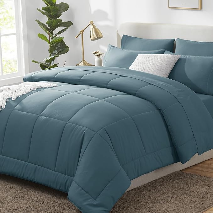 King Size Comforter Set Mineral Blue - 7 Pieces Bed in a Bag | OEKO-TEX Certified, All-Season, Bedroom, Guest Room, Down-Alternative Comforter + Flat & Fitted Sheets + 4 Pillowcases