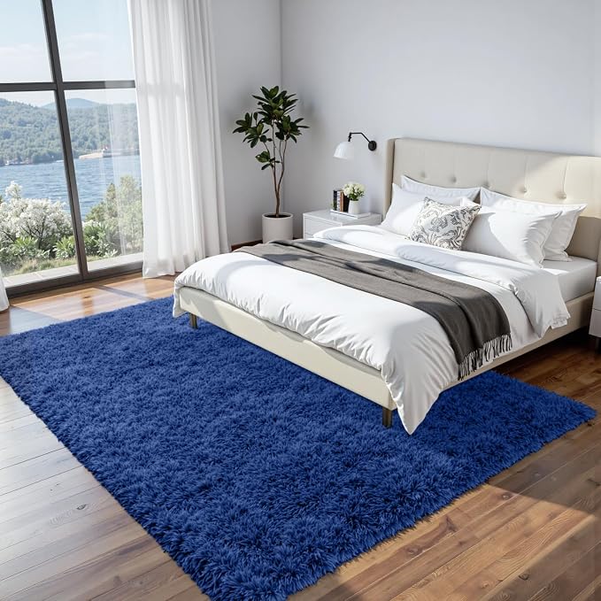 8x10 Fluffy Shag Area Rugs for Living Room Bedroom: Soft Plush Carpet Blue | Upgraded Non-Slip Thick Memory Foam, Ultra Soft, Non-Shedding Fuzzy Carpet, Easy Clean Decor for Kids Room, Nursery, Playroom