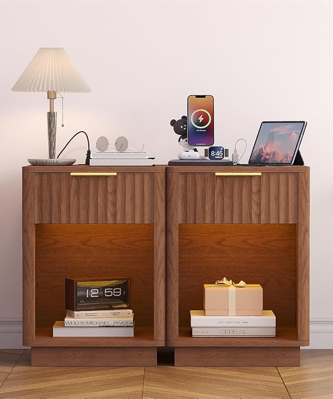 Akxomel Fluted Nightstand Set 2 Bedside Table with Charging Station Walnut | Wooden Side Table with LED Light, Modern Mid Century End Table with Drawer, 15" D x 15.7" W x 22.6" H, for Bedroom