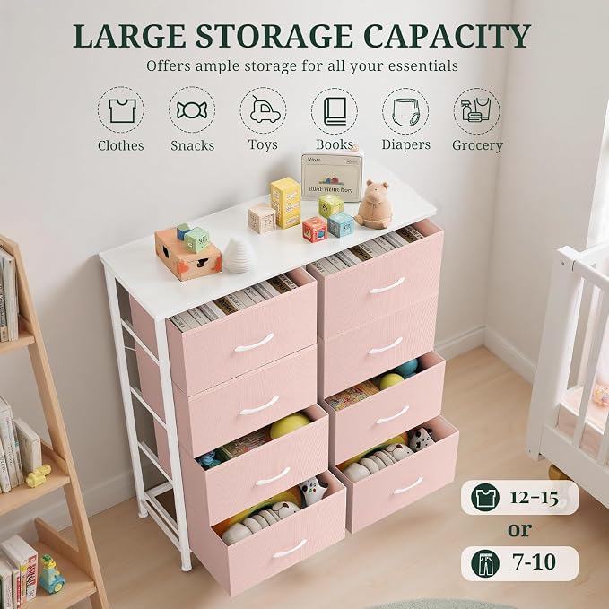 8-Drawer Dresser for Bedroom, Anti-Tip Tall Storage Organizer | Chest of Drawers with Wooden Top and Metal Frame Fabric Bins for Closet, Living Room, Hallway, Entryway, Pink